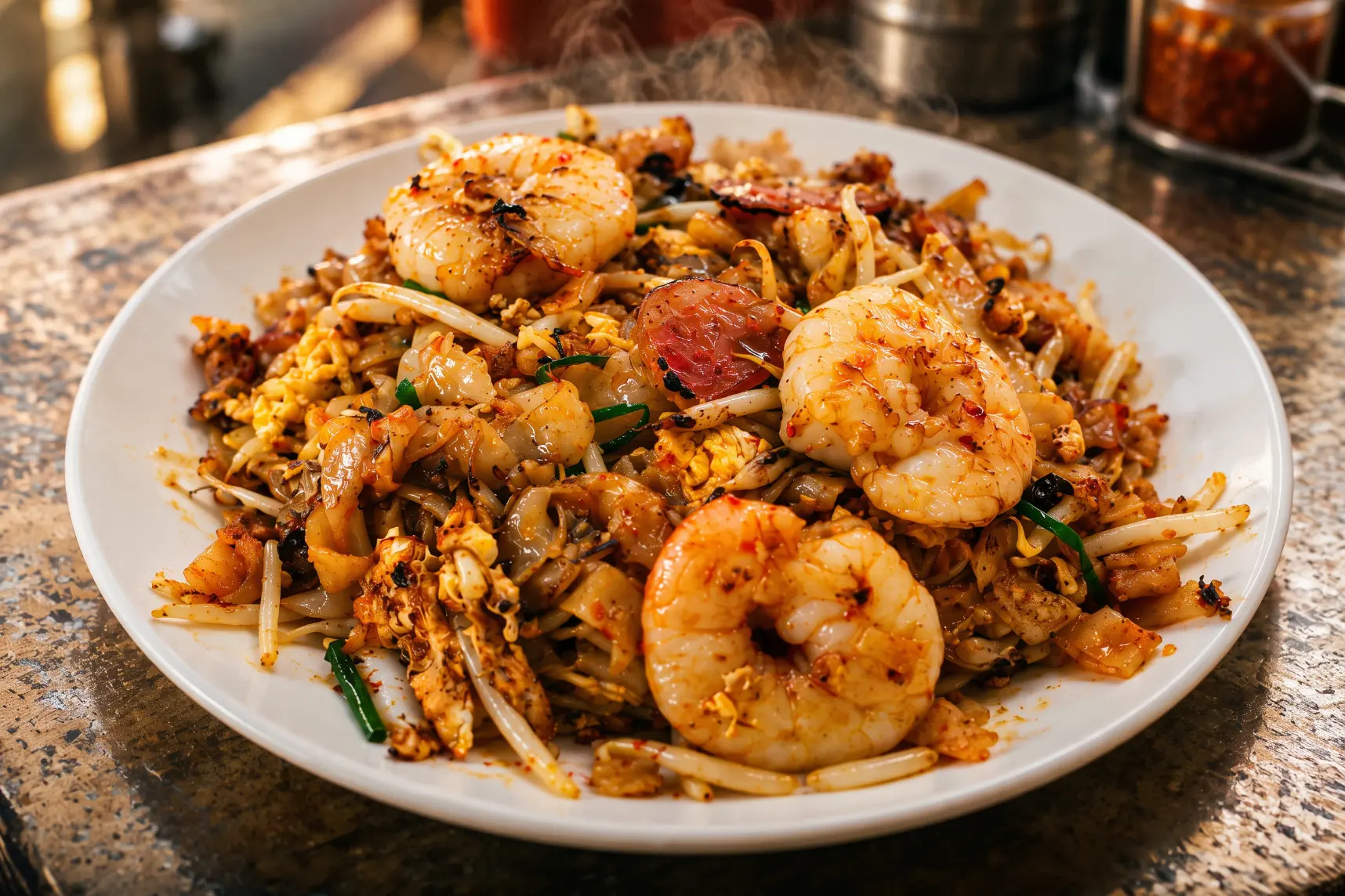 Char koay teow with prawns, noodles and bean sprouts