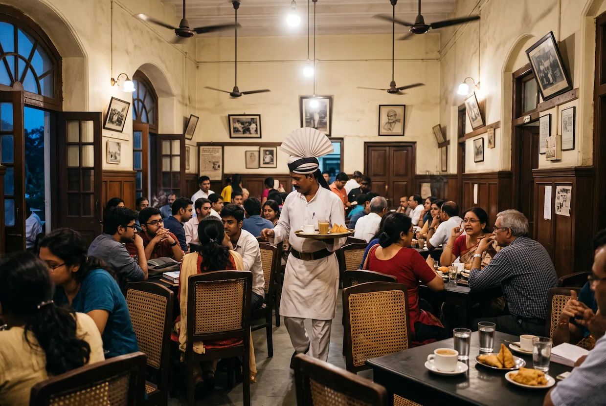 An evening coffee-house scene in Kolkata with diners and a waiter